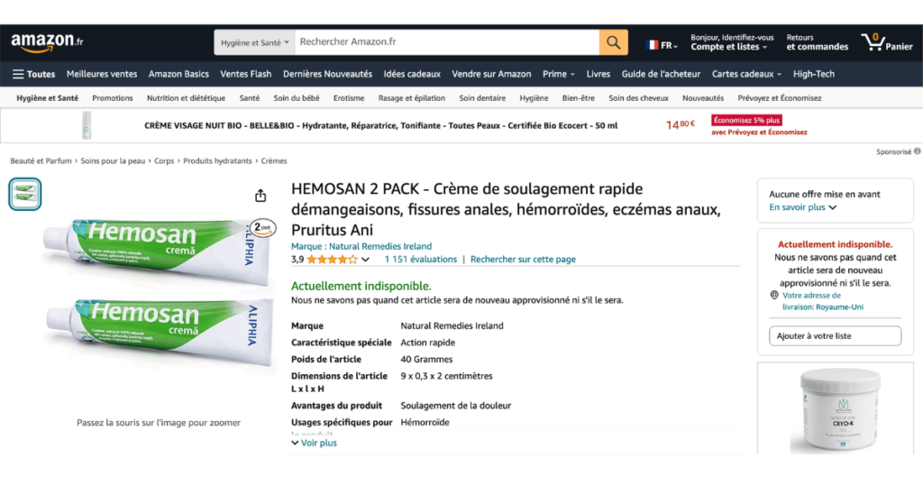 Avis Hemosan crème - page produit sur amazon.fr