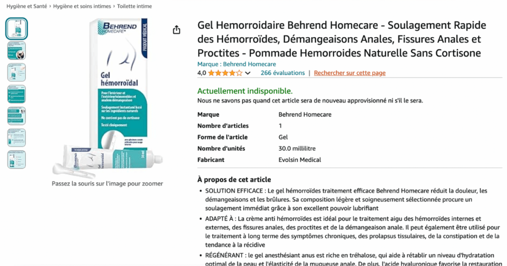 Avis gel hémorroïdaire Behrend Homecare page produit amazon.fr