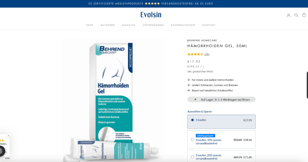 Avis gel hémorroïdaire Behrend Homecare site marchant evolsin